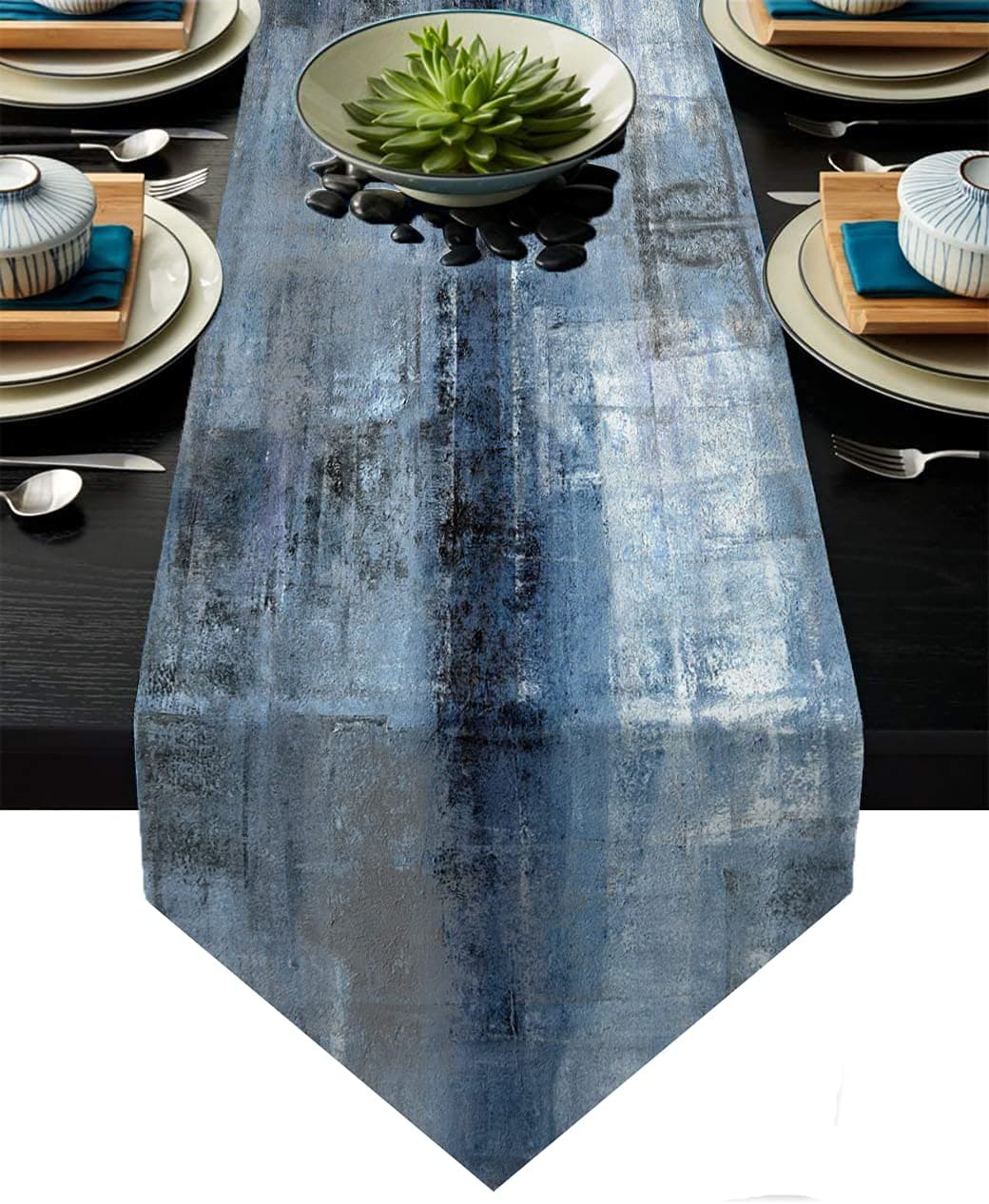 Blue and Grey Table Runner,Navy Blue Abstract Modern Art Burlap Table Runners for Table Dresser Runner Farmhouse Style for Dinner Party Holidays Home Decoration (Blue Grey, 13"x 91")