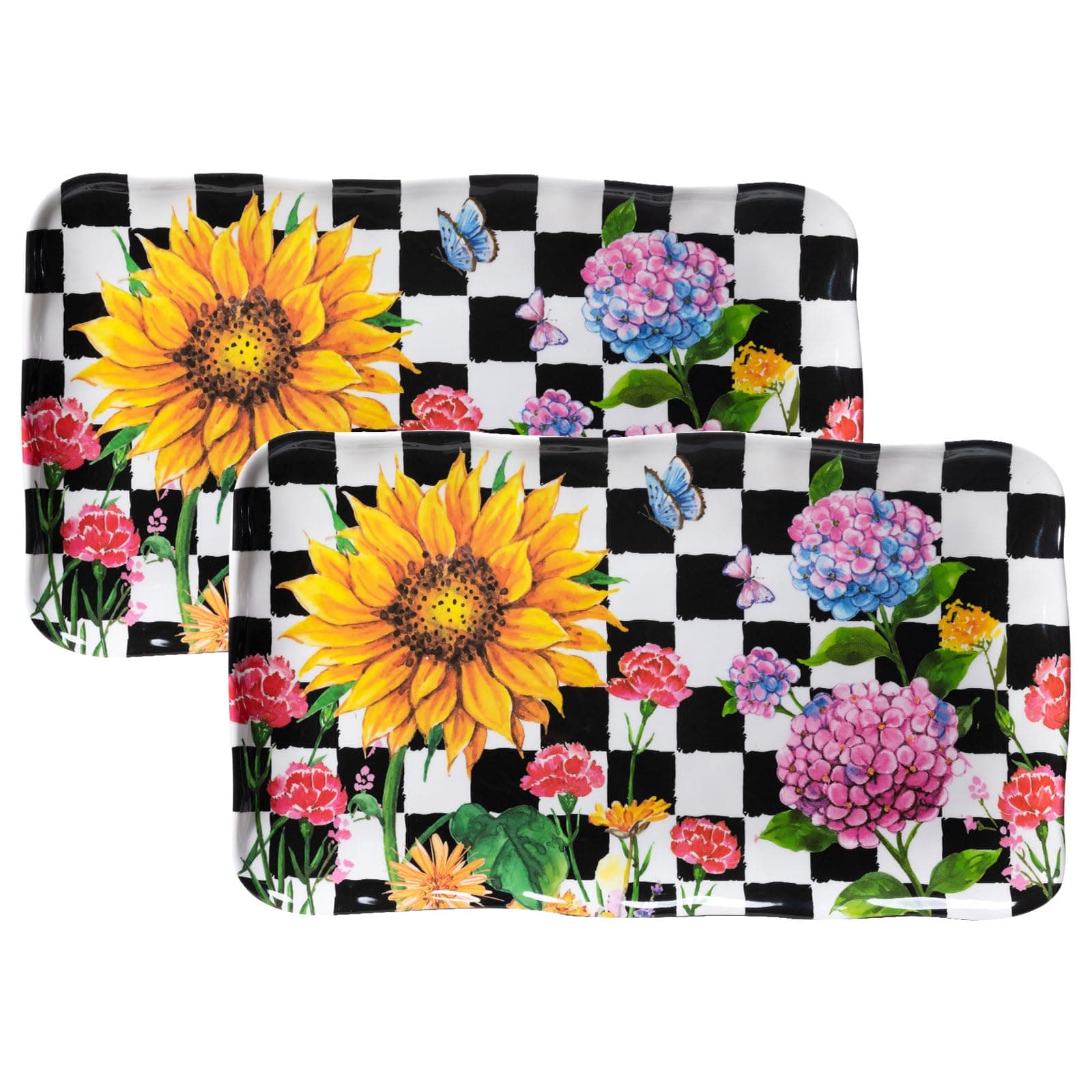 LEHAHA Rectangular Melamine Sunflower Serving Tray, 2-Piece Hydrangea Serving Platter Set, 17.5" x 10" Colorful Trays/Platters Sets for Outdoor and Indoor Dining and Entertaining Parties,Black Plaid