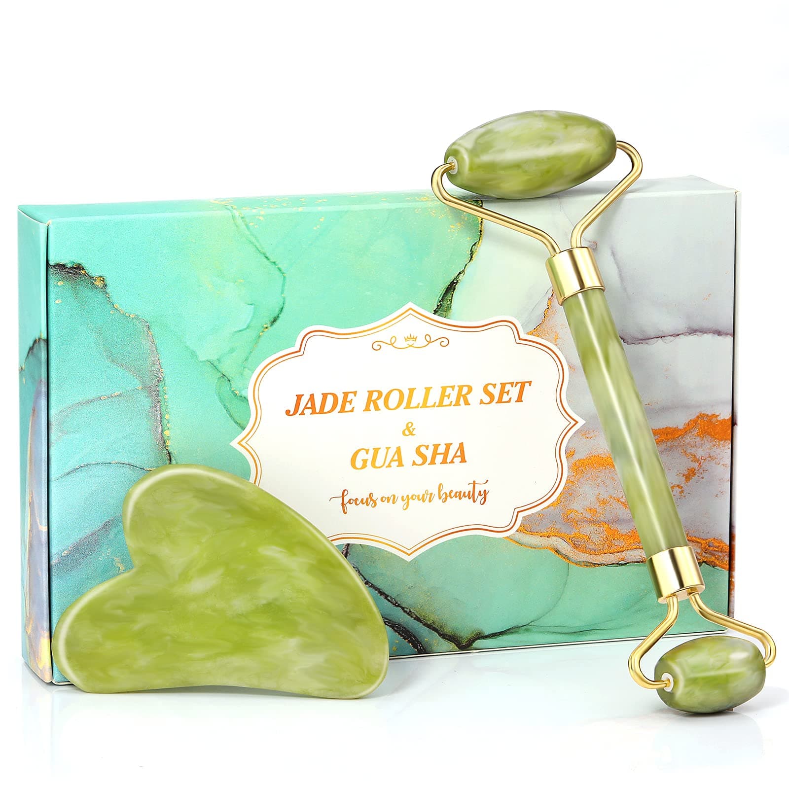 Face Roller - Gua Sha Jade Roller, Face Roller with Metal Handle, Skin Care Tools, Jade Roller Set for Face, Eye, Neck, Beauty Jade Roller Set for Anti-Aging, Wrinkles, Lift Firming