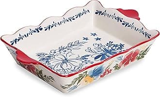 Casserole Dish Baking Dish Ceramic Baking Pan, 9x13 Baking Pan, Nonstick Baking Dishes for oven, Red flower pattern Lassagne Pan, Casserole Dishes with handles, for Kitchen