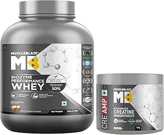 MuscleBlaze Biozyme Performance Whey Protein Powder, Kesar Thandai (2kg / 4.4lbs) & Micronised Creatine Monohydrate CreAMP, Unflavoured (32 Servings, 100g) | Combo Pack