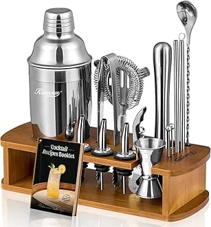 KITESSENSU Cocktail Shaker Set Bartender Kit with Stand | Bar Set Drink Mixer Set with All Essential Bar Accessory Tools: Martini Shaker, Jigger, Strainer, Mixer Spoon, Muddler, Liquor Pourers |Silver