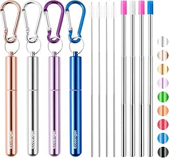 Cruise Ship Essentials,4-Pack reusable Collapsible Stainless Steel Drinking Straws with Aluminum Case,Cleaning Brush,and Keychains (Silver&rose gold&blue&purple)