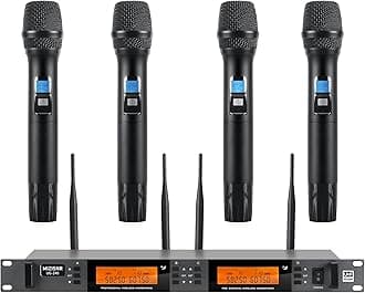 Wireless Microphone System 4 Channel, UHF Metal Cordless Handheld Mics Set - 200 Adjustable Frequencies, Auto Scan & Memory Function, 300ft Range, Ideal for Karaoke Church Wedding（UG-240