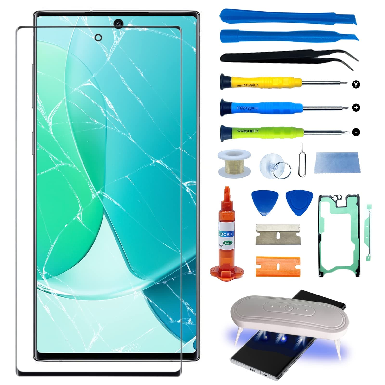 Original Samsung Galaxy Note 10 Front Screen Glass Replacement Outer Glass Screen 6.3 inch incl Waterpoof Frame Adhesive,Repair Glue and Lamp Tool Kit N970 Series (No Digitizer,No LCD)