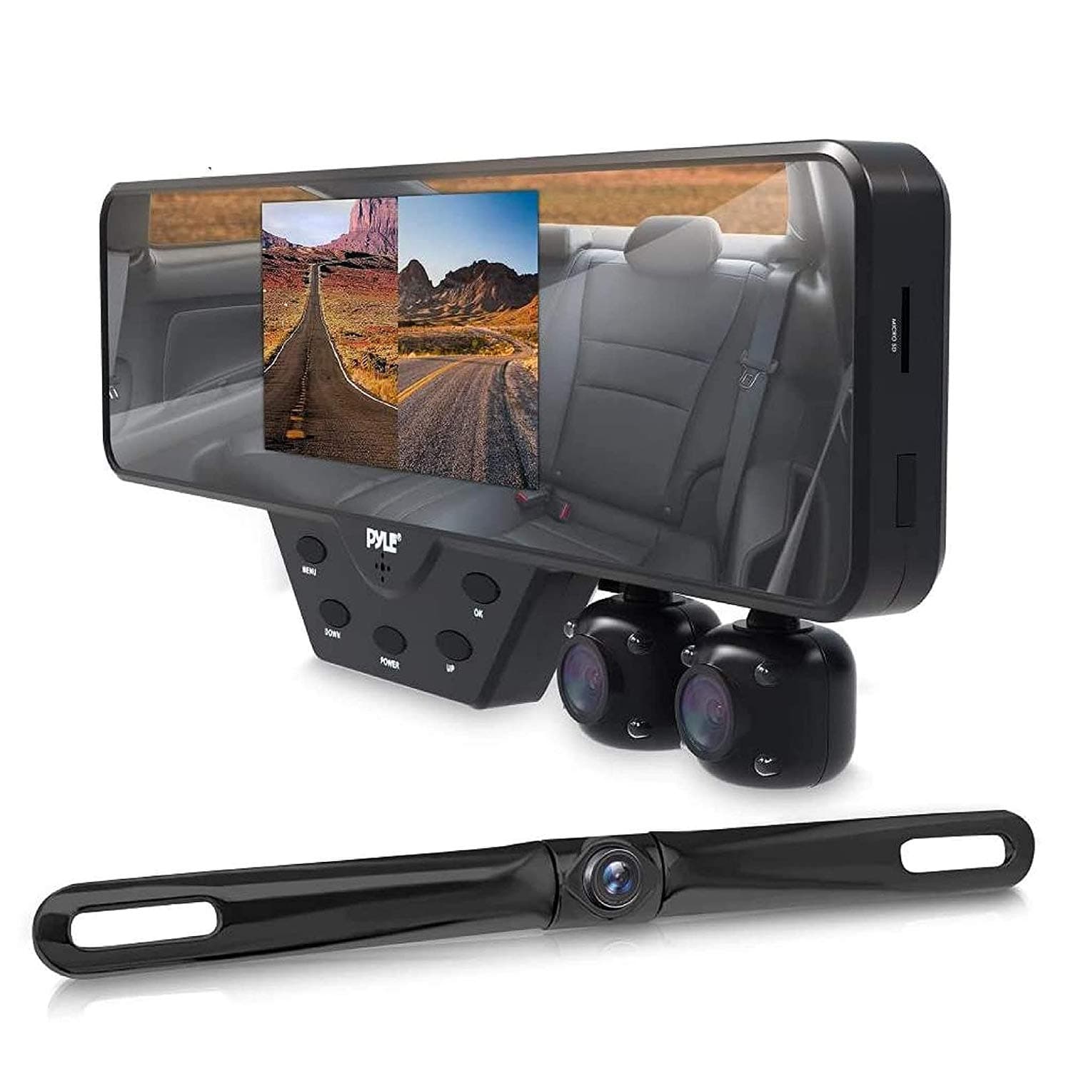 Pyle Newest Technology HD 3 Camera Dash Cam Rearview Mirror Backup Camera Mirror (PLCMDVR54)