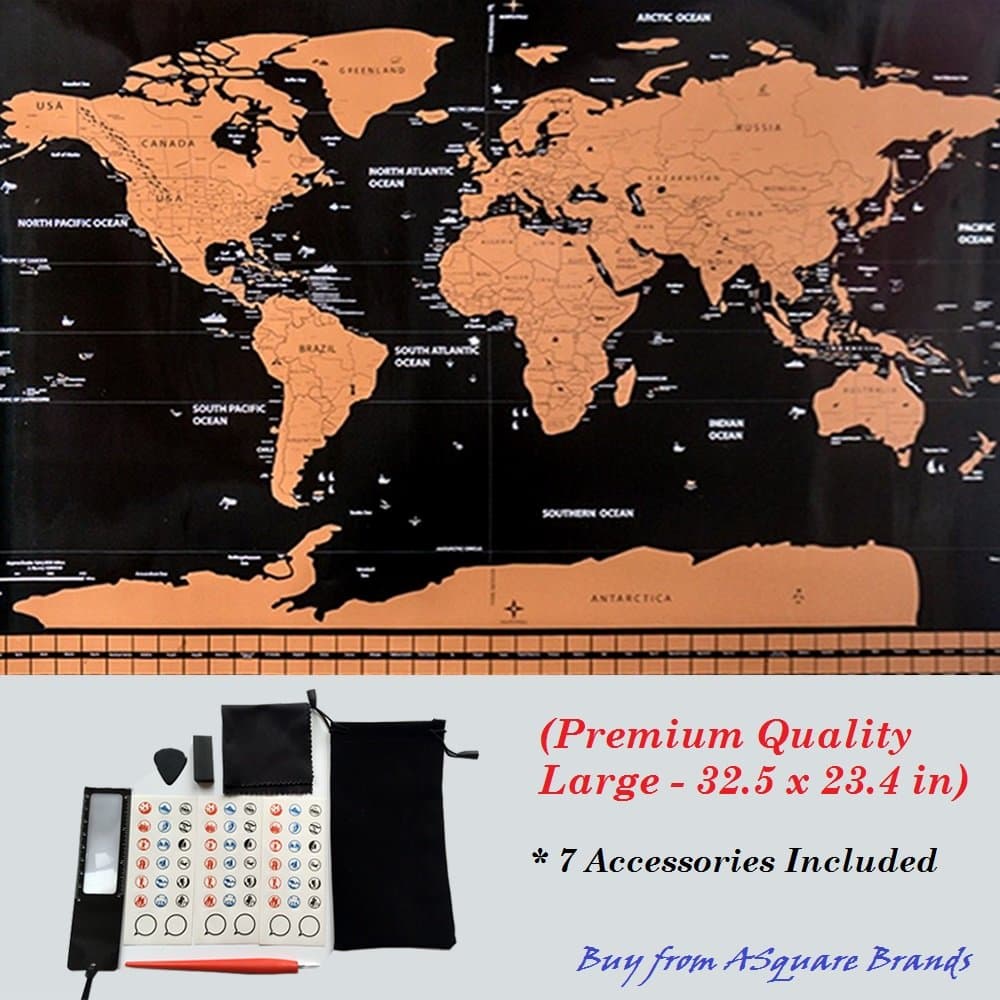 Scratch off World Map (Premium Quality, Large - 32.5 x 23.4 in) with Country Flags, US States and 7 accessories - Easy to Scratch, Perfect for Travelers, Kids, Teachers - By ASquareBrands Office Product