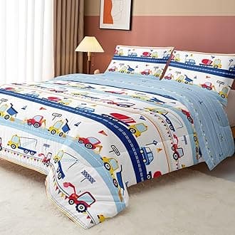 Cartoon Car Kids Comforter Set Twin,Construction Bedding Set Equipment Trucks Comforter Excavator Tractor Quilt Set with 1 Comforter 2 Pillowcases for Boys Girls Teens Adults Bedroom Decor(Blue Red)