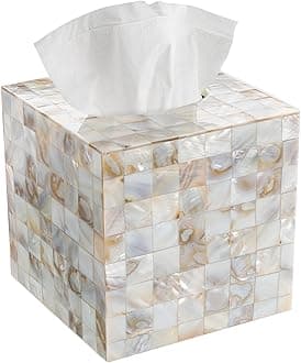 - Milano Tissue Box Cover Square – Decorative Tissue Holder for Bathroom - Beautiful Natural Mother of Pearl Capiz Shells Tissue Box Holder - Cube Tissue Box Cover with Durable Bottom Slider