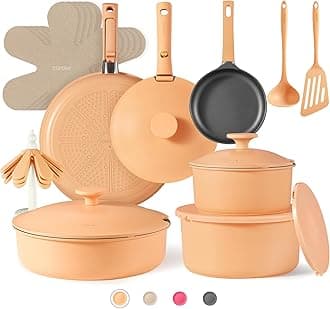 CAROTE 24pcs Pots and Pans Set Non Stick, Nonstick Cookware Set, Oven/Dishwasher/Fridge Safe Pots and Pans, RV Safe Cookware, Induction Kitchen Gift Set Detachable Handle, Peach
