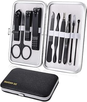 Manicure Set 10pcs Professional Nail Clippers Kit Pedicure Care Tools-Stainless Steel Grooming Tools for Travel (Black White)