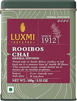 - Luxmi Estates Rooibos Chai – 100% Natural Herbal Infusion | 100g Tin Caddy | Caffeine-Free | Antioxidant-Rich | Supports Digestion, Heart & Skin Health | 50 Cups