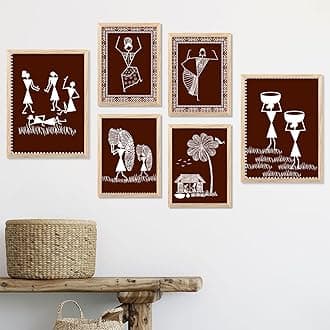 Warli art Digital Paintings with Frame for Home Decoration - Painting for Living Room Bedroom Office Room Decor - Painting for Wall Decoration - Pack of 6 (H)