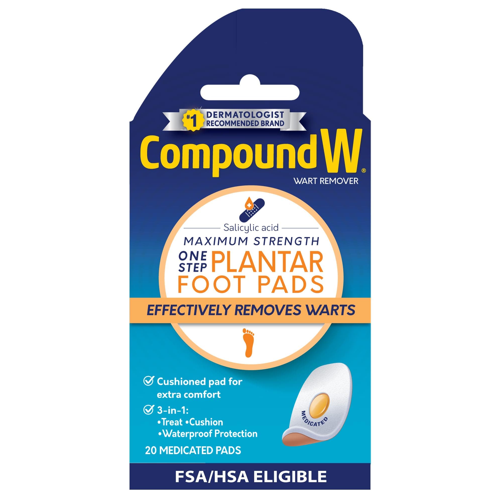 Compound W Maximum Strength One Step Plantar Wart Remover Foot Pads, 20 Count