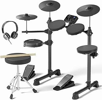 AODSK Electric Drum Set for Beginner with 150 Sounds,4 Quiet Drum Pads,2 Pedal,Throne,Sticks,Electronic Drum with Headphone,AED-400