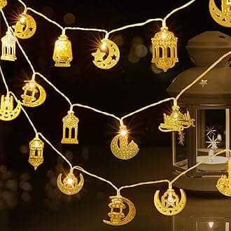 Ramadan Eid String Light - 9.8 ft 20 LEDs Mubarak String Light, Muslim String Decor with Moon Star Kerosene Lantern Palace Ornaments for Islamic Indoor Outdoor Home Garden Party Supplies - White Bulb