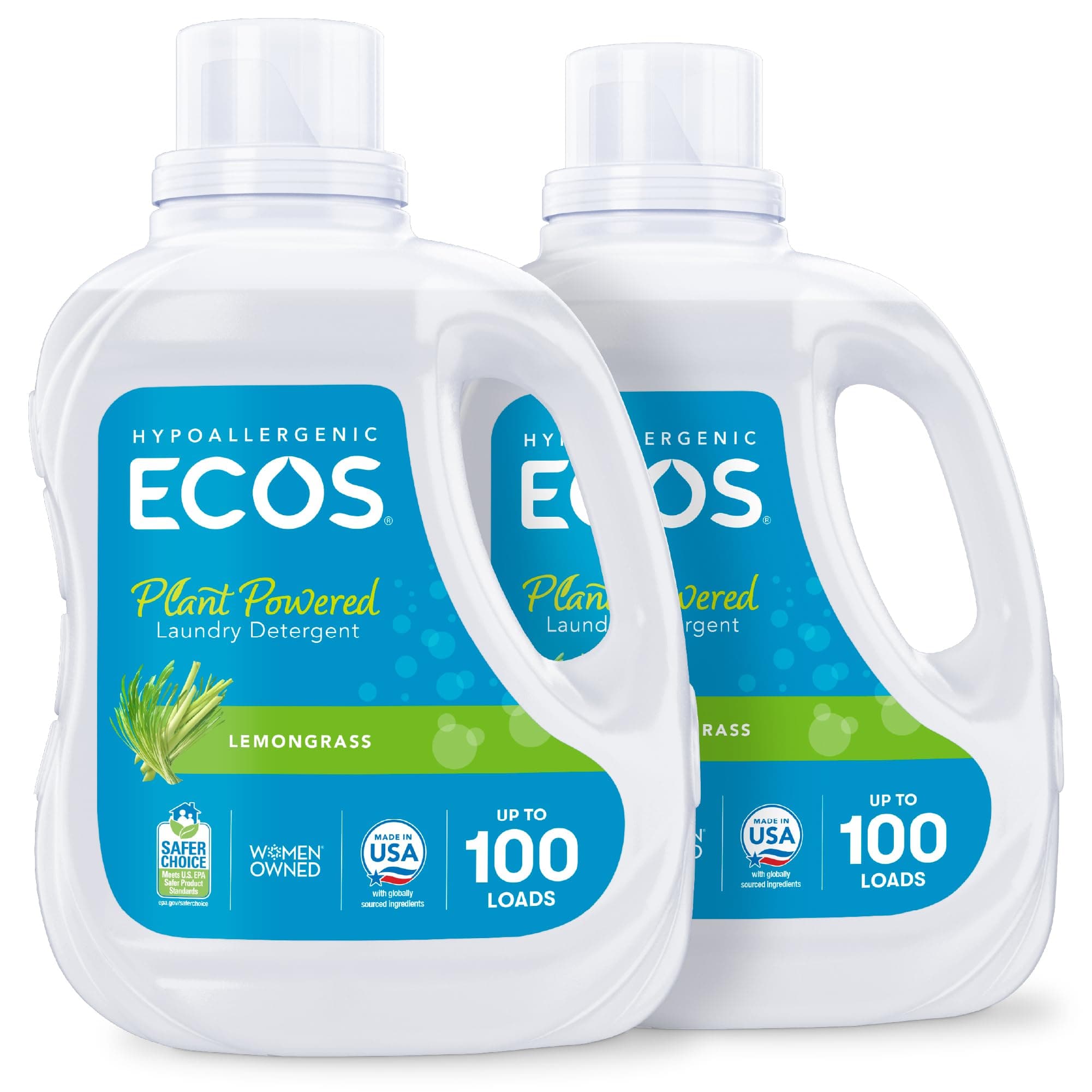 ECOS Laundry Detergent Liquid, 200 Loads - Dermatologist Tested Laundry Soap - Hypoallergenic, EPA Safer Choice Certified, Plant-Powered - Lemongrass, 100 Fl Oz (Pack of 2)