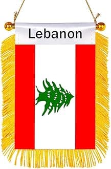 WXTWK 3 X 5 Inch Lebanon Flag Lebanese Window Hanging Flag Small Mini Car Flags Banners Rearview Mirror Decoration With Suction Cup Golden Fringy Banner