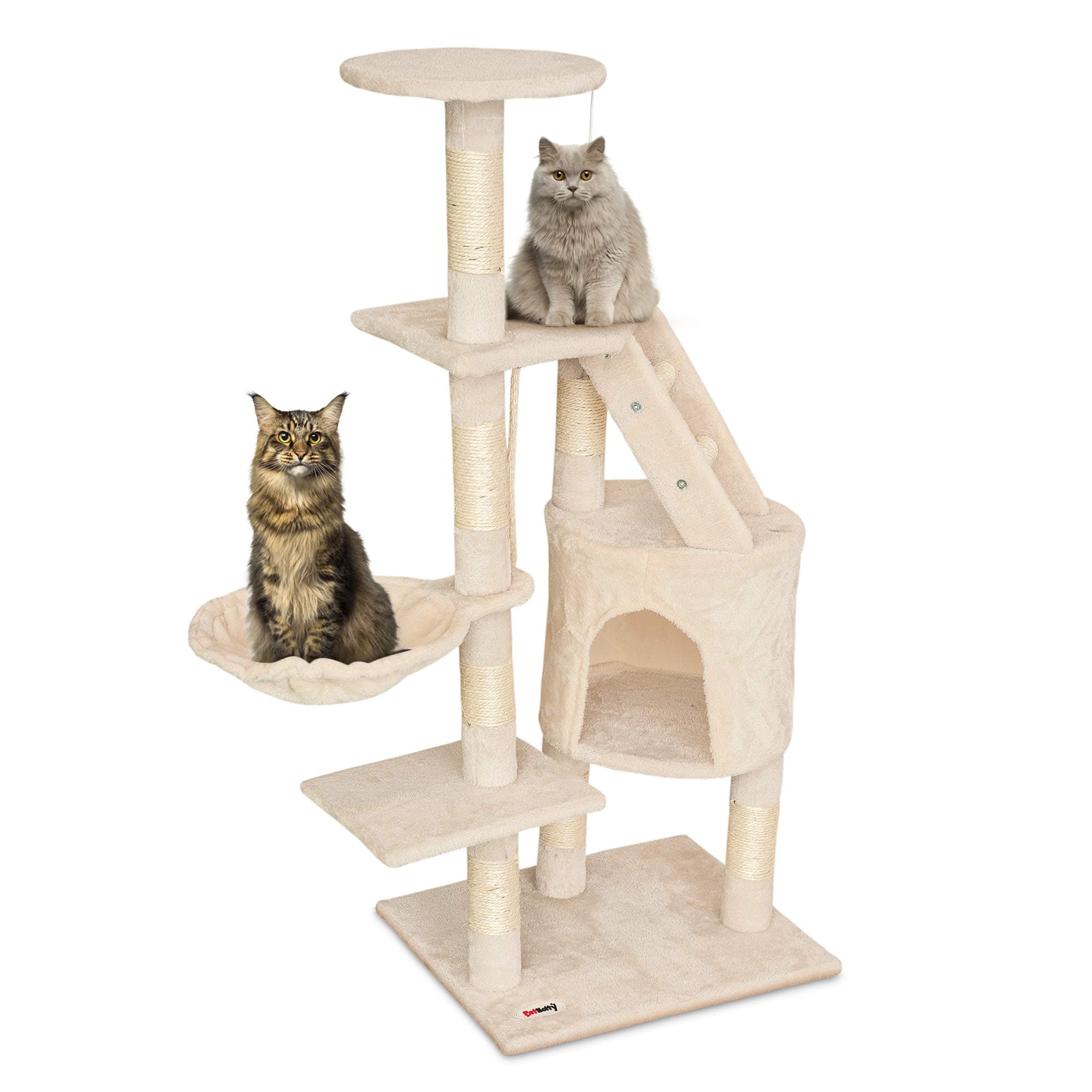 Petlicity Deluxe Multi-Level Cat and Kitten Scratch Activity Centre Tree with Soft Plush Finish, Thick Heavy Duty Sisal Scratch Posts, Sleeping Caves and Hanging Toy Mice (Beige)