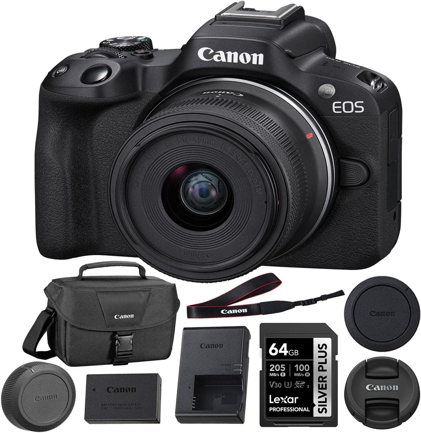 Canon EOS R50 Mirrorless Camera with 18-45mm Lens (Black) Bundle with 64GB Memory Card + Canon 200ES EOS Shoulder Bag (3 Items)