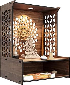 Wall Mounted Wooden Pooja Mandir for Home & Office with LED Spot Light, Big Size Temple, Pooja Stand with Door, Devghar, God Temple for Home, Wall Shelf, (Mandir Design 2)