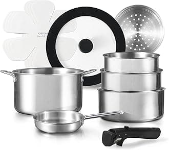 CAROTE 12pcs Pots and Pans Set, Stainless Steel Cookware Set Detachable Handle, Induction Kitchen Cookware Sets with Removable Handle, RV Cookware Set, Oven Safe, Camping Cookware, Pure Black