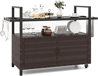 Outdoor Bar Cart, Patiojoy Rolling Wicker Buffet Serving Cart with Tempered Glass Top, Storage Cabinet & 8 Hooks, Kitchen Island Cart on Wheels for Porch Backyard Garden Poolside (Mix Brown)