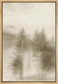 SIGNFORD Framed Canvas Print Wall Art Foggy Pine Grove Tranquil Forest Landscape in Soft Misty Sepia Tones Illustrations Modern Art Decorative for Living Room, Bedroom, Office - 16"x24" Natural