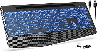 - Wireless Keyboard with 7 Colored Backlits, Wrist Rest, Phone Holder, Rechargeable Ergonomic Computer Keyboard with Silent Keys, Full Size Lighted Keyboard for Windows, MacBook, PC, Laptop (Black)