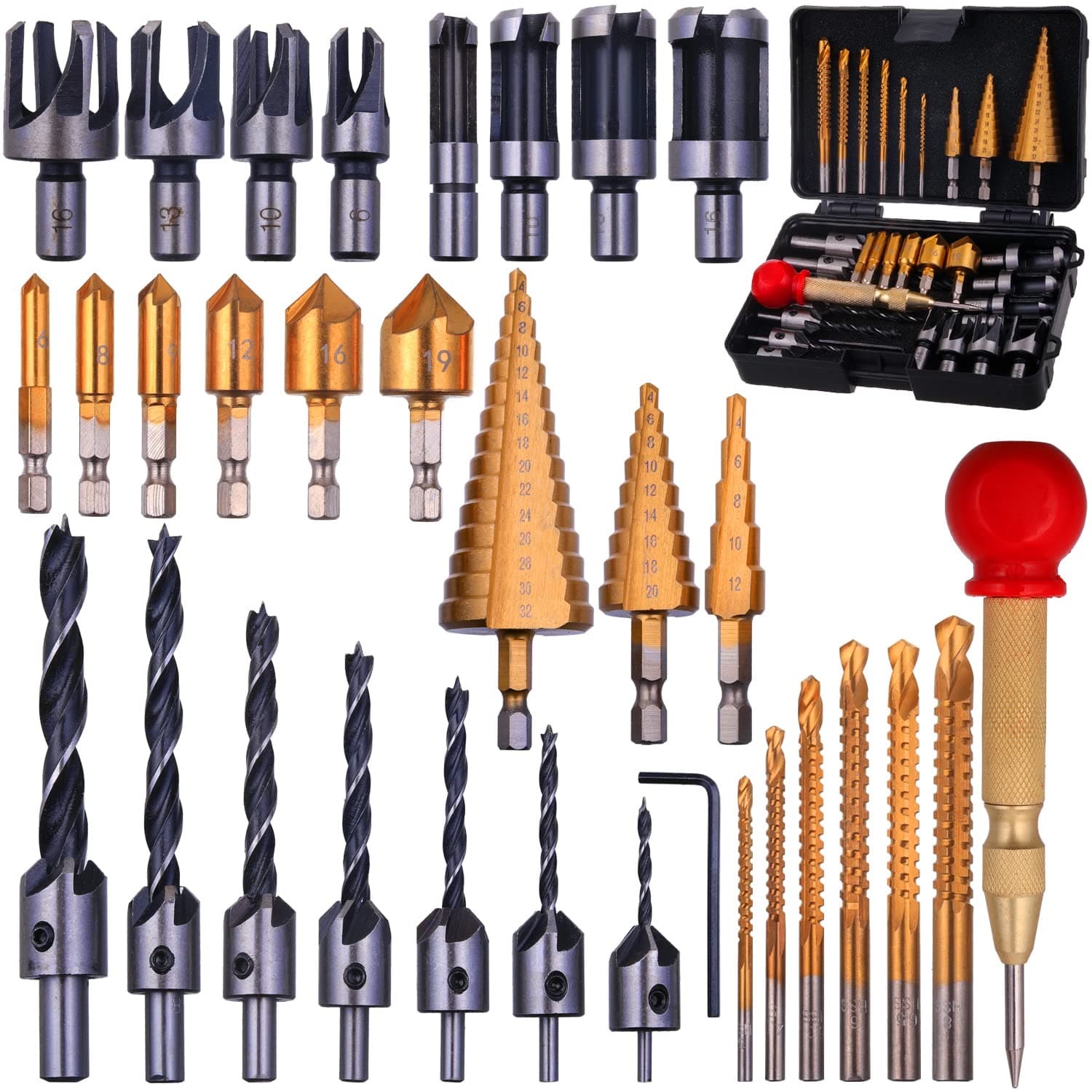 32 Pack Woodworking Chamfer Drilling Tools, Including Countersink Drill Bits, L-Wrench, Wood Plug Cutter, Step Bit, Center Punch, Cutting Twist Bits