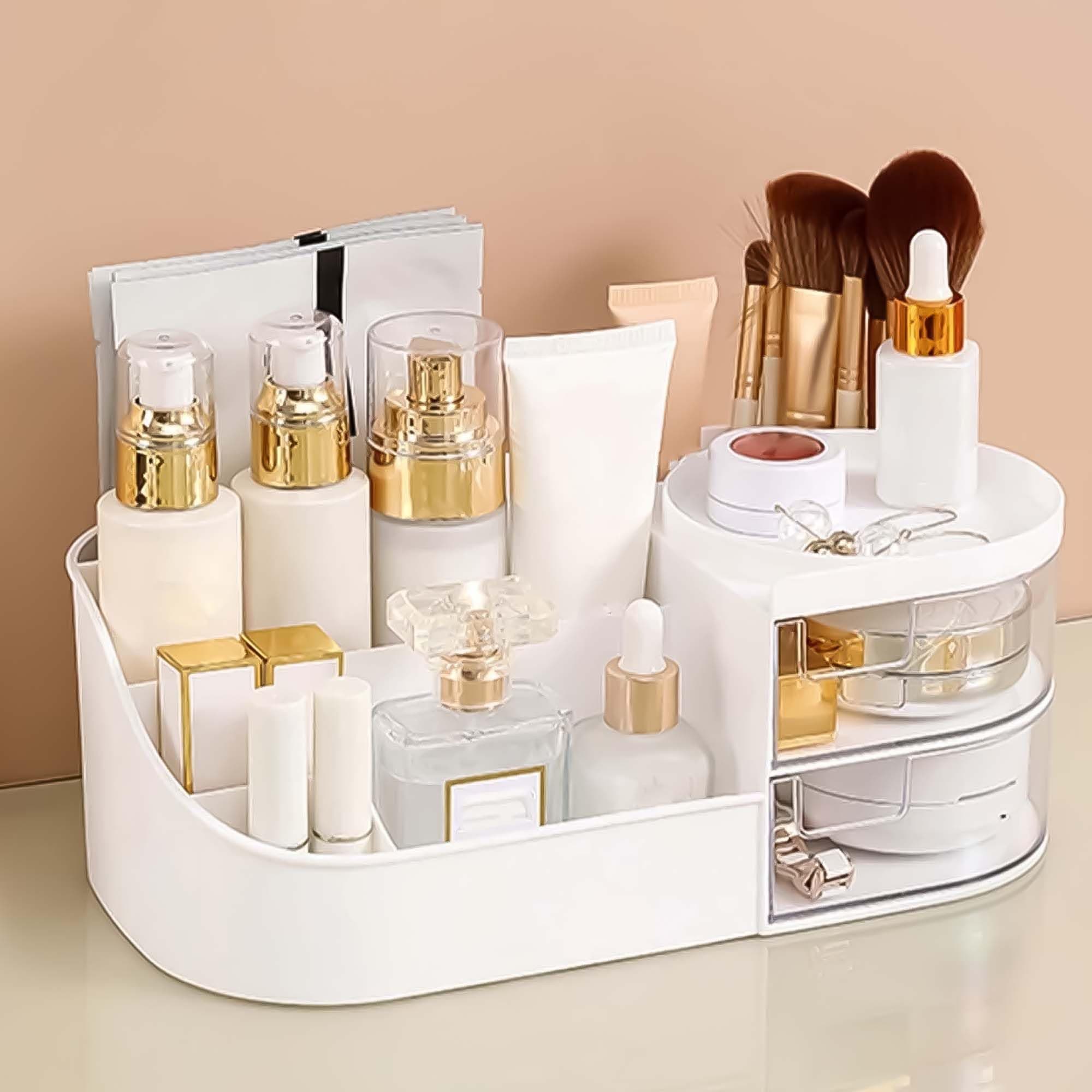 ALOXE Plastic Makeup Organizer|Makeup Box for Storage|Make Up, Cosmetics, Skincare Organiser for Women|Elegant Makeup Vanity with Transparent Drawer (White)