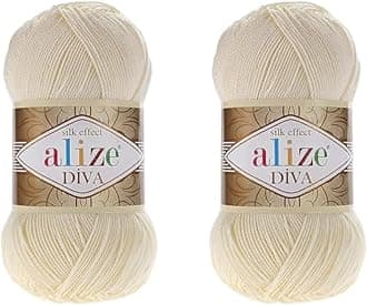 Alize Diva Microfiber Acrylic Yarn - Silk Effect Thread for Crochet & Lace Craft - Cream, 200gr, 767 yds (Lot of 2 skeins)