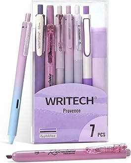 WRITECH Gel Pen, Journaling, Highlighter, Journal Set, Aesthetic, Assorted Pastel Color Ink, 0.5mm, Fine Point, Retractable, 0.7mm, Black Pen, Smooth Writing, Drawing, Smudge-free, 7ct (Purple)