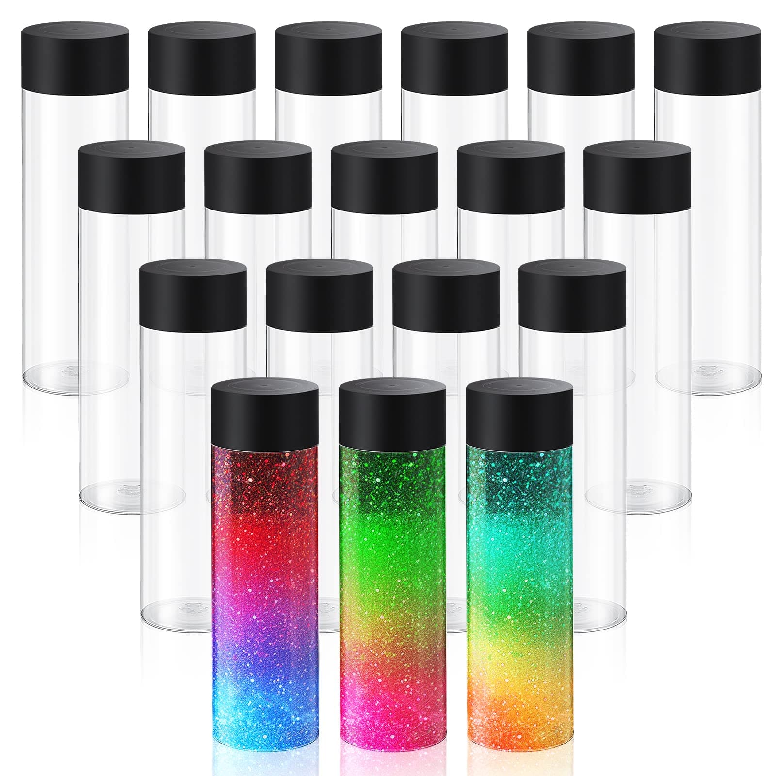 Tanlade 24 Pcs Clear Plastic Bottles Empty Sensory Bottles with Caps PET Plastic Juice Reusable Leakproof Drink Container Bulk for Juice Milk (12 Oz/ 350 ml,Black Lid)