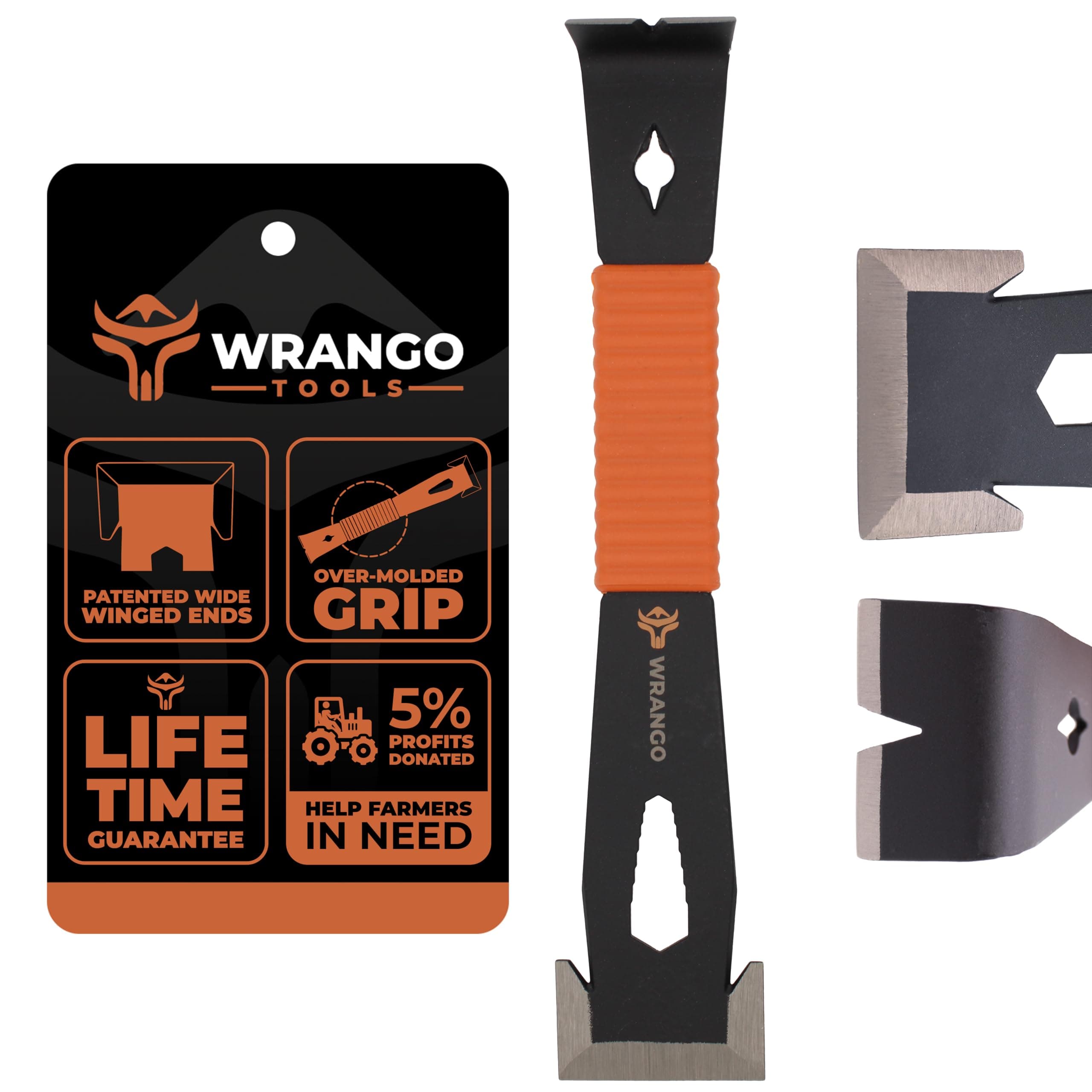 Wrango Tools - 9.5" Trim Bar Pry Bar - Patented Flat Bar Nail Puller with Wide Winged Ends & Shock Absorbing Grip - Lifetime Warranty - 5% Donated To Help Farmers