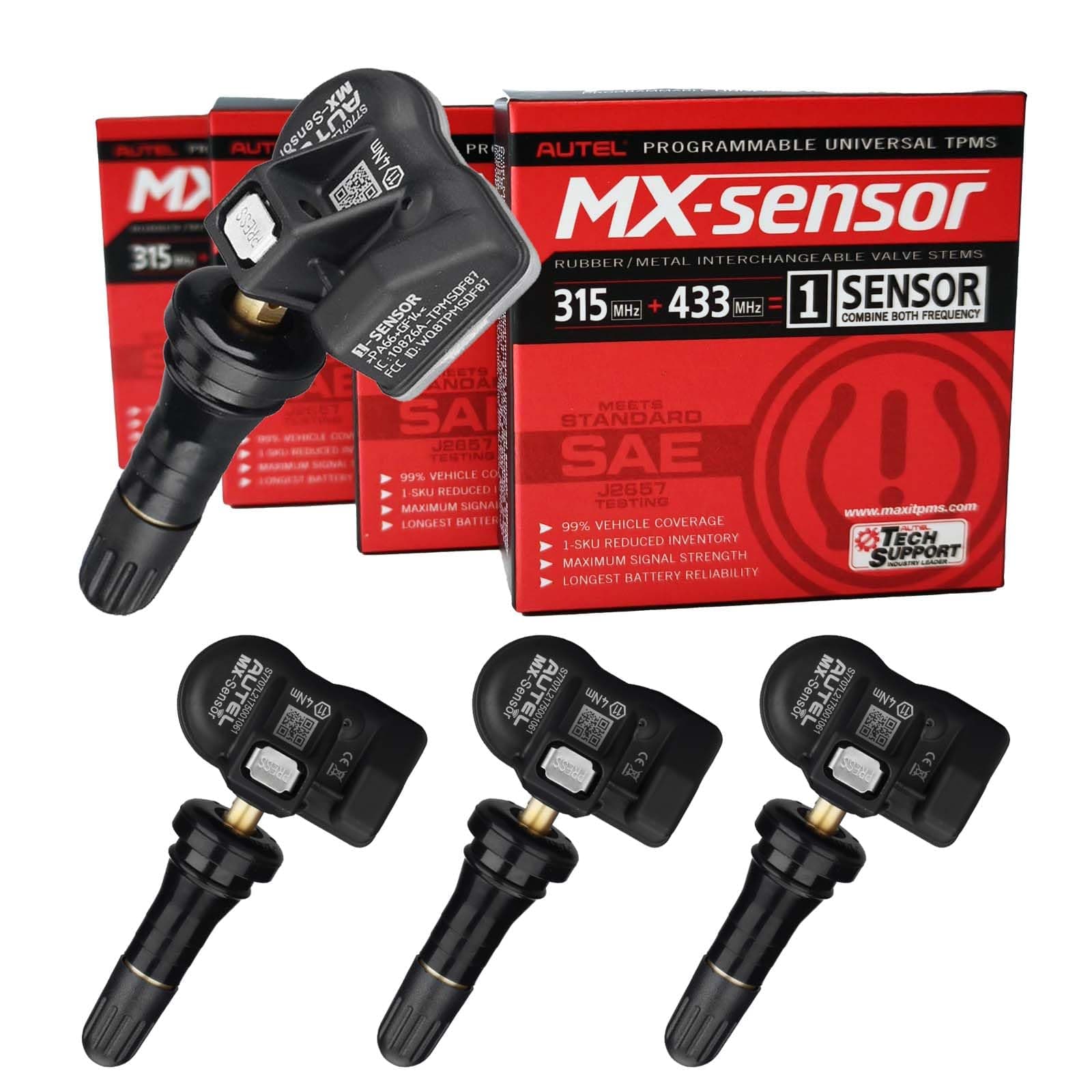 Autel TPMS Sensors, MX Sensor, MaxiTPMS Tire Pressure Sensor, 2 in 1(315MHz + 433MHz) Press-in OE-Level Programmed by TS508 TS408 TS508WF TS608 MS906TS ITS600 MS906PRO-TS (Rubber valves)