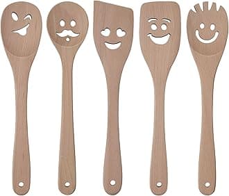HANSGO 5PCS Wooden Cooking Utensils, 12in Cute Wooden Spatulas, Cast Scraper, Smile Cooking Wooden Spoons, Multipurpose Utensil