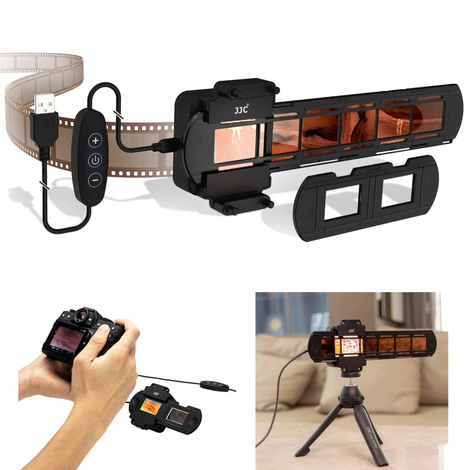Film Digitizing Adapter Set Including USB Light Box 95+ 6500K with 10 Levels Adjustable,Slide Mount Holder for 2 Mounted 35mm Slides,Strip Film Holder for 6 Frame 35mm Film for Old Negative Copying