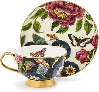 Spode x Creatures of Curiosity Dark Tea Cup and Saucer Set - Fine China Black & Cream Floral Design with 22-Carat Gold Detailing, Gift Boxed, Perfect for Elegant Dining or Display