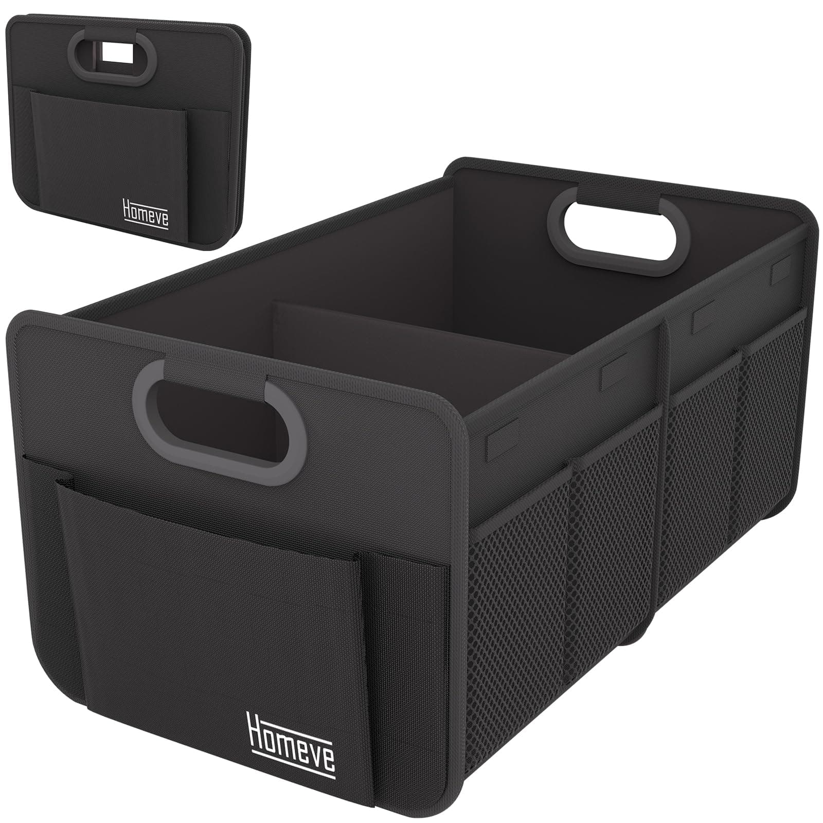 Trunk Organizer, Car Storage, Reinforced Handles, Collapsible Multi-Compartment, Foldable, Waterproof, Sturdy, 600D Oxford Polyester For Car, SUV, Mini-Van, Black, 2 Compart-Small