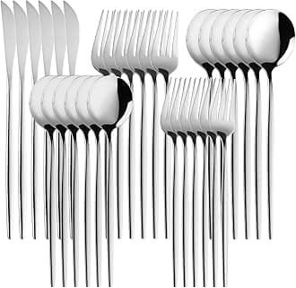 30-Pieces Silver Flatware Set, Silverware Set for 6,Tableware Fine Dining Utensil Set Include Knives Forks and Spoons,Circular Fine Handle Cutlery Decorate Wedding Mirror Polished,Dishwasher
