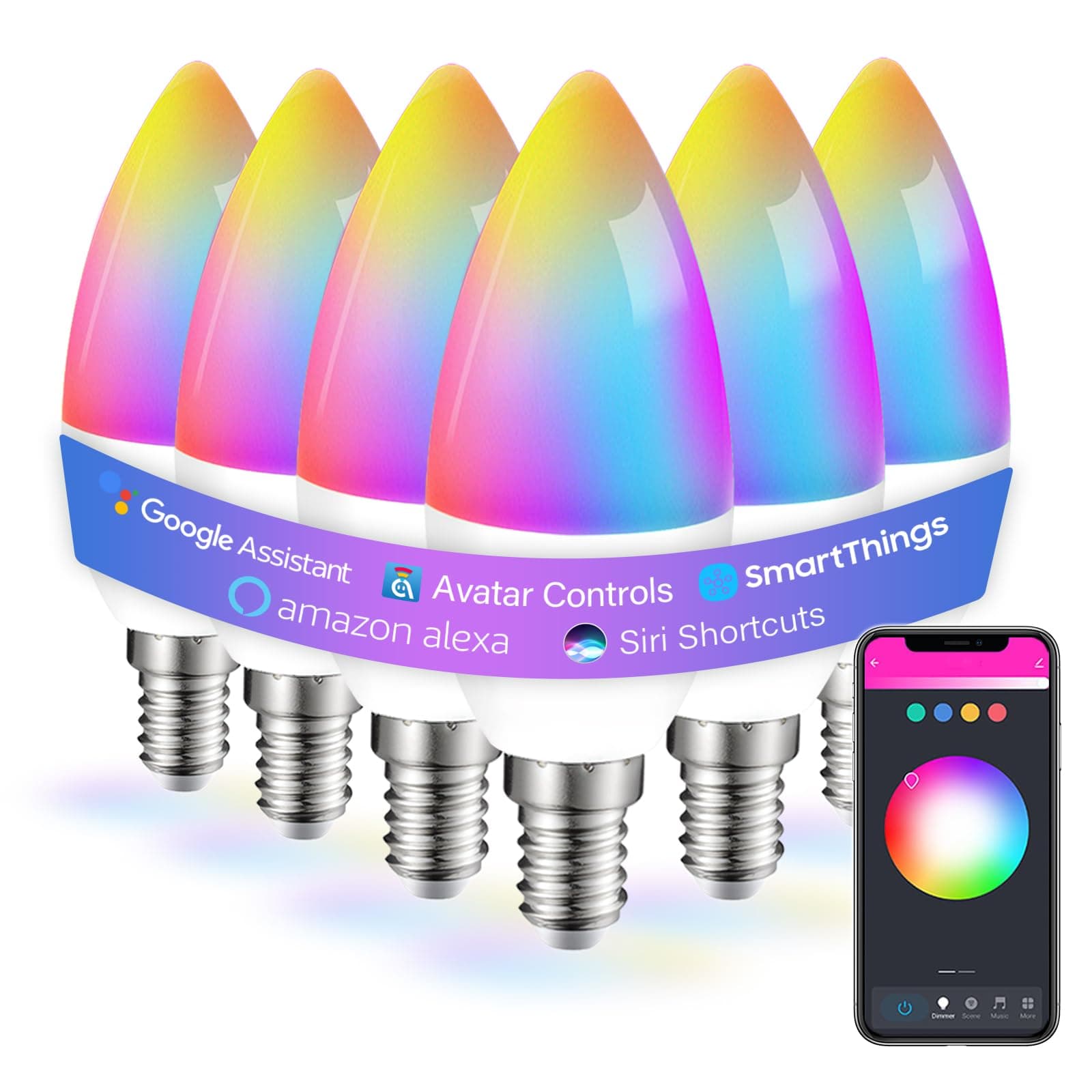 6 Pack E12 Smart Bulbs, Alexa WiFi Candelabra Smart Light Bulbs 5W 2700K-6500K Color Changing Dimmable RGBCW, Music Timer Ceiling Fan Smart B11 Candle Base Small LED Light Bulb, 2.4GHz WiFi