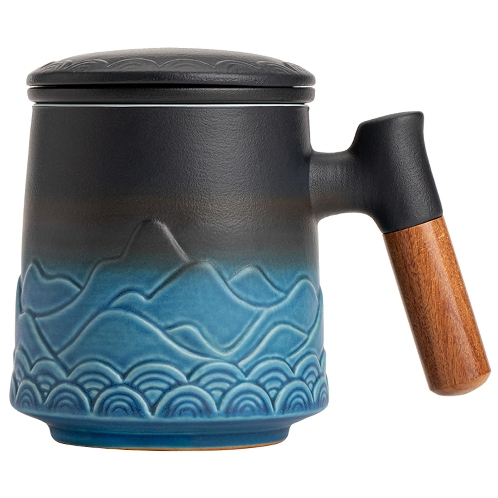 Maxjoy Tea Cup with Infuser and Lid,15.2 OZ Large Loose Leaf Tea Cup,Ceramic Tea Steeping Mug with Rosewood Handle,Black & Blue