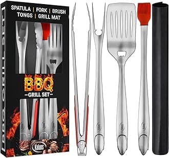 Kaluns Best BBQ Grilling Tools Set - Heavy Duty Thick Stainless Steel Utensils - 5-Piece, Tong, Fork, Spatula, Basting Brush Extra Long Grill Accessories Gift Box Package