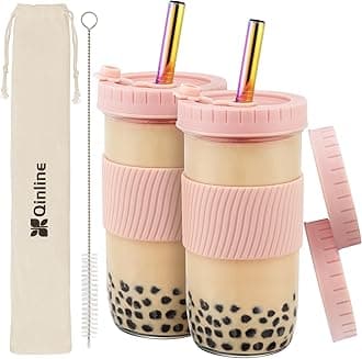 Reusable Glass Mason Jars Cups with Lids and Straws Silicone Sleeves, 2 Pack 24Oz Wide Mouth Smoothie Cups Glass Bubble Tea Cup Leakproof drinking glasses Travel Tumbler for Large Pearl Birthday Gifts