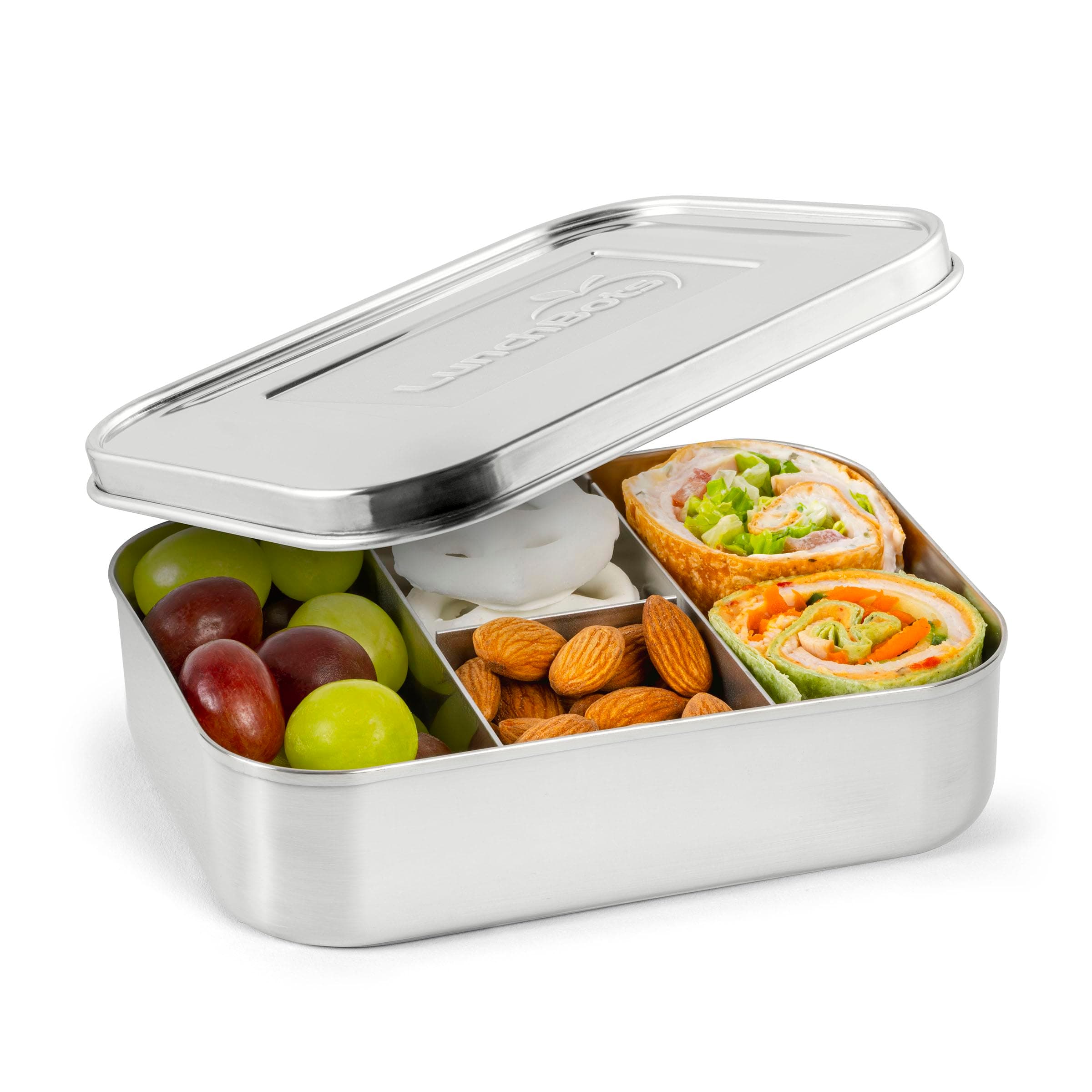 LunchBots Small Protein Packer Bento Box - Extra Small Divided Stainless Steel Snack Container - 4 Sections for 1-2oz of Nuts, Meat, Cheese, Finger Foods - Dishwasher Safe - Stainless Lid