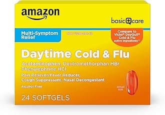 Amazon Basic Care Daytime Cold and Flu Relief Softgels, Non-Drowsy Multi-Symptom Relief for Pain, Fever, Headache, Cough, Sore Throat, Nasal Congestion, 24 Count