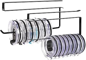 2 Pack Tumbler Lid Organizer, Horizontal Tumbler Lid Storage Hook Up to 20 Lids, Space Saving Cup Lid Holder Under Cabinet Tumbler Lid Hook for Kitchen Organizer, Paper Towel Hanger(Round&Flat, Black)