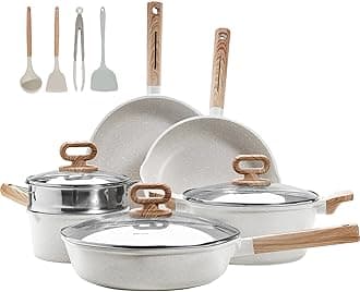 KOLEX Pots and Pans Set Nonstick, White Granite Induction Kitchen Cookware Sets, 13 Pcs Non Stick Cooking Set with Frying Pans & Saucepans (PFOS, PFOA Free)