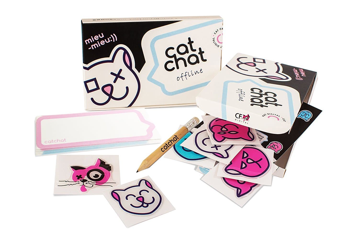 Cute Funny Puffy Cat Stickers Pack - Reusable Small Sticky Notes Set Box - 3D Laptop MacBook Phone Water Bottle Cat Chat Sticker Set - Bonus ECO-Wood Pencil